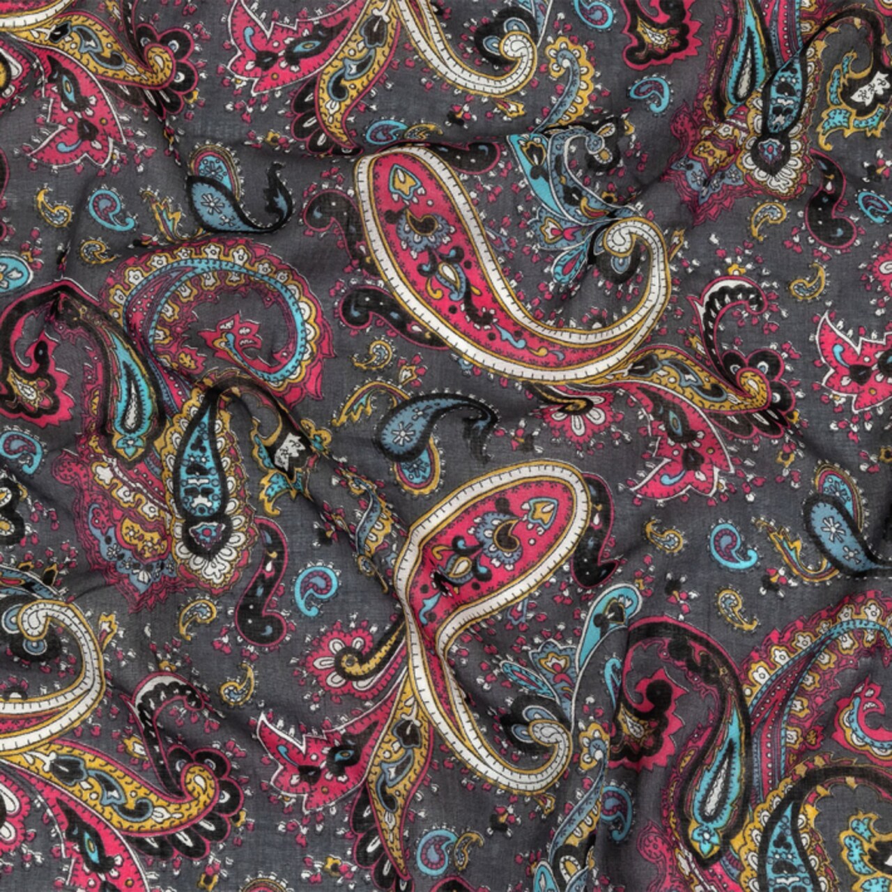 1 Yard Gauzy Cotton Voile Charcoal Hot Pink Gold Paisley Fabric